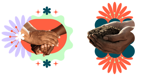 Collection of abstract shapes and images showing hands cupping other hands and soil