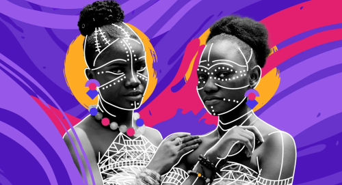 A colour collage with two Black people with white paint markings looking straight into the camera