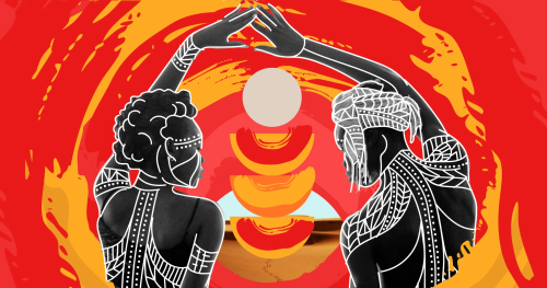 Two people joining hands overhead, against a red and yellow swirling background and with white paint markings on their bodies