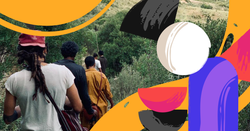 A colourful collage of people walking through a lush green forest