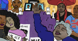 A community of Black people holding a vigil for one of their late members. Two people hold each other as they cry. Posters and flyers saying “Missing” and “Say her name” can be seen. Candles and multiple frames are hinting at all the people we’re mourning, while an elder sings for them.